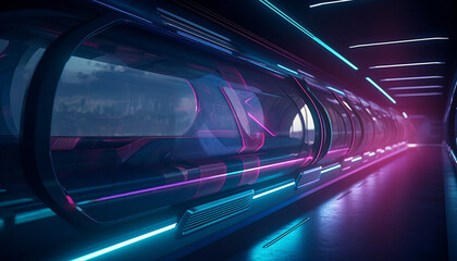 Futuristic car speeds through illuminated cityscape at night generated by AI