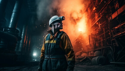 Steel mill workers in protective gear welding flame generated by AI
