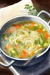 Pot of chicken noodle soup