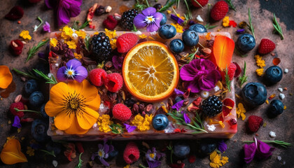 Fresh berries and flowers on wooden table generated by AI