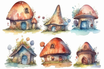 Six Fairy homes with mushroom and floral trappings