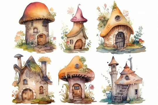 Six Fairy homes with mushroom and floral trappings