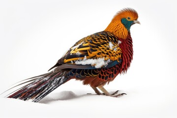 A Golden Pheasant in a snow-covered landscape, with its colorful feathers providing a striking contrast against the white background.