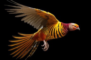 A Golden Pheasant in mid-flight, with its wings spread wide and its feathers visible in motion.
