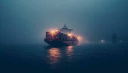 Fototapeta premium Container ship carrying cargo, illuminated at dusk generated by AI