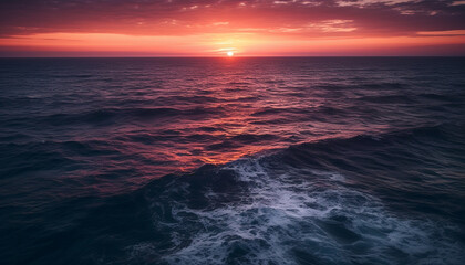 Fototapeta na wymiar Sunset over water, waves crash on shore generated by AI