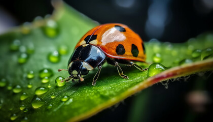 Fototapeta premium Spotted ladybug crawls on wet green leaf generated by AI