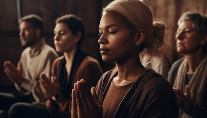 Obraz premium Young women practicing spirituality, meditating indoors together generated by AI