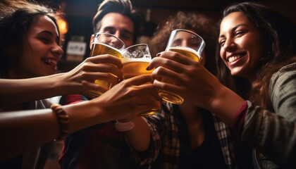 Young women and men enjoying celebratory drinks generated by AI