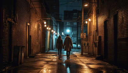 Young couple walking in illuminated city streets generated by AI