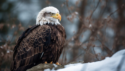 Obraz premium Majestic bald eagle perching on snowy branch generative AI