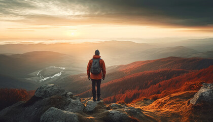 Fototapeta premium Men hiking mountain peak, nature adventure success generated by AI