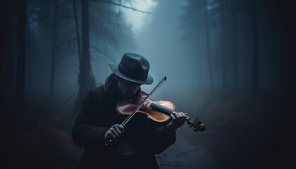 Fototapeta premium Caucasian violinist playing in the dark forest generated by AI