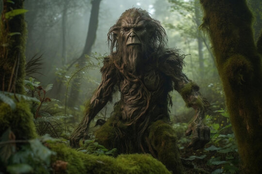 A photograph of a tree goblin-giant surrounded by dense green trees and thick undergrowth, with a misty forest clearing visible in the background. Generative AI 