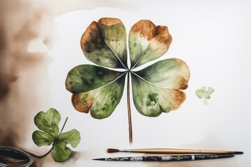 A watercolor painting of a four-leaf clover with a brown stem and black spot on white background. Generative AI