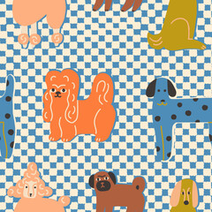 Cute dogs on a plaid seamless pattern. Set of funny cartoon dog and puppy pet. Vector illustration - 595440118