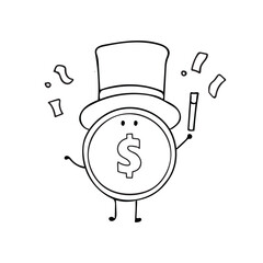 Hand drawn cute cartoon magician gold coin Mascot Character Vector illustration color children cartoon funny magician gold coin clipart