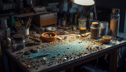 Fototapeta premium Expert carpenter repairing antique machinery indoors with wrench generated by AI
