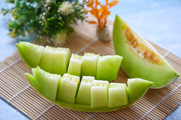 cantaloupe thai slice fruit for health green cantaloupe thailand, cantaloupe melon on plate wooden