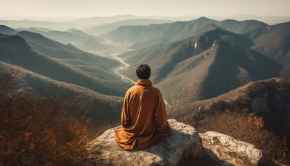 Fototapeta premium Meditating men find spirituality in mountain solitude generated by AI