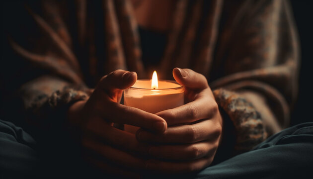 Hand holding candle illuminates serene winter celebration generated by AI