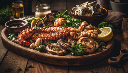 Grilled seafood plate, fresh prawn scampi appetizer generated by AI