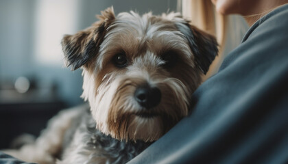 Cute terrier puppy sitting, looking at camera generative AI