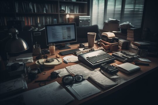 Workplace of modern FBI agent with criminal profiles, calculators, clues, and more. Generative AI