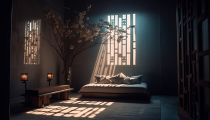 Comfortable modern bedroom with elegant wood decor generative AI