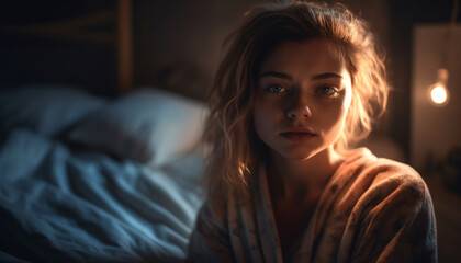 Fototapeta premium Young woman in bedroom, looking comfortable and beautiful generative AI