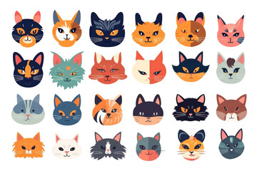 Cute cat head icon cartoon set in colorful flat illustration style on white background