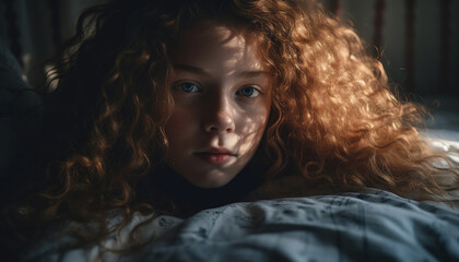 Cute child with curly hair smiles in bed generated by AI