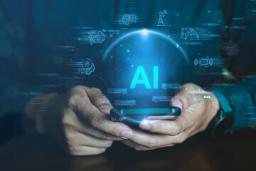 Fototapeta premium People using chatbot on application smart intelligence Ai. Chat service and developed by Open AI generate. Futuristic technology, online robot service system.