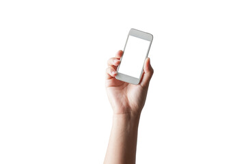 Hand holding smartphone blank screen isolate on white background.