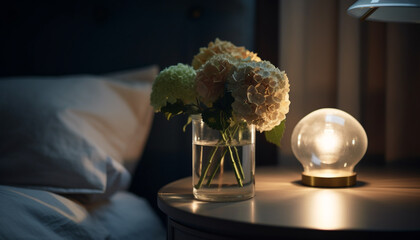 Elegant lamp illuminates vase of natural flowers generated by AI