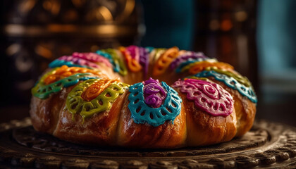 Baked pastry item with icing and candy decoration generated by AI