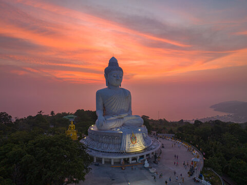.aerial view Phuket big Buddha in beautiful sunset..aerial photography scenery light through sky in sunset at Phuket big Buddha. .Phuket Big Buddha is one of the island most important 