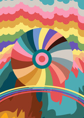 Psychedelic Hippie style retro 70s background. Groovy abstract 1970s, 1960s cover, poster, Template. Vintage Liquid rainbow striped design poster.