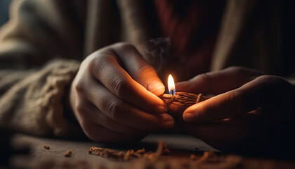 Hand ignites candle, glowing symbol of love generated by AI
