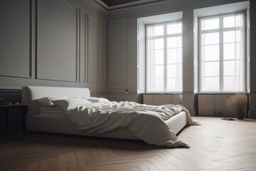 White bed in empty room with approaching wave; digitally produced. Generative AI