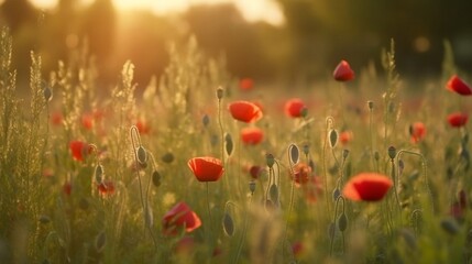 Fototapeta premium As the sun's rays begin to fade, the poppy meadow radiates a poignant beauty, honoring the significance of the flower on Memorial Day, Anzac Day in New Zealand, Australia, Canada, and the United Kingd