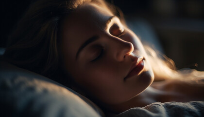 Fototapeta premium Young woman sleeping peacefully in comfortable bed generated by AI