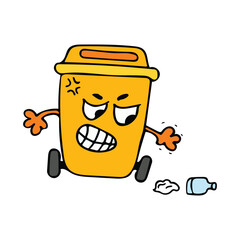 Angry yellow Recycle Bin Cartoon Mascot Character Vector illustration color children cartoon funny Recycle bin Isolated On White Background clipart