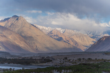 fields and mountains, beautiful landscape in Hunder town, Ladakh, India