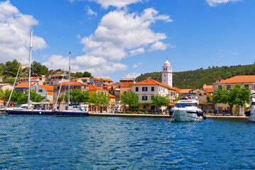Fototapeta na wymiar Skradin, Croatia. View on the Skradin and yachts in Krka national park in Croatia. small historic town and marina on the Adriatic coast