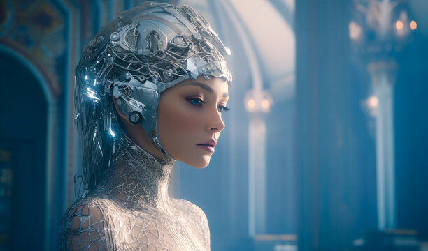 Futuristic beautiful holographic artificial intelligence neural network beautiful ai chatbot fembot. The future of GPT AI (generative AI)