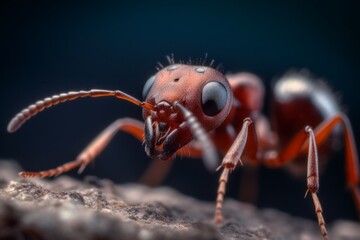 Close up of a red ant walking on dirt ground - Generative AI