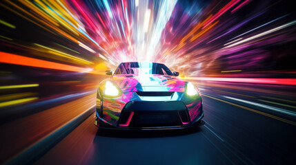 Fototapeta na wymiar Sports Car On Neon Highway. Powerful acceleration of a supercar with colorful lights and trails. generative AI.