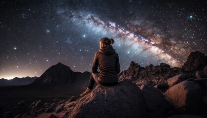 Naklejka na ściany i meble Woman sitting on a rock looking at the milky way galaxy. Generative AI