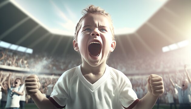 Excited boy screaming and clenching fists against football stadium with fans, Generative AI Illustration
